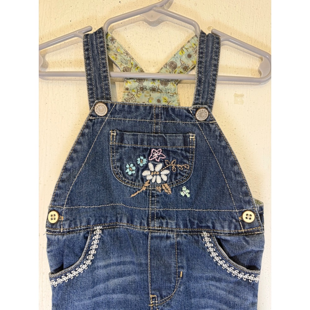 OshKosh Bgosh Baby Girls Denim Overalls Floral Embroidery Lace Trim 9M Y2K